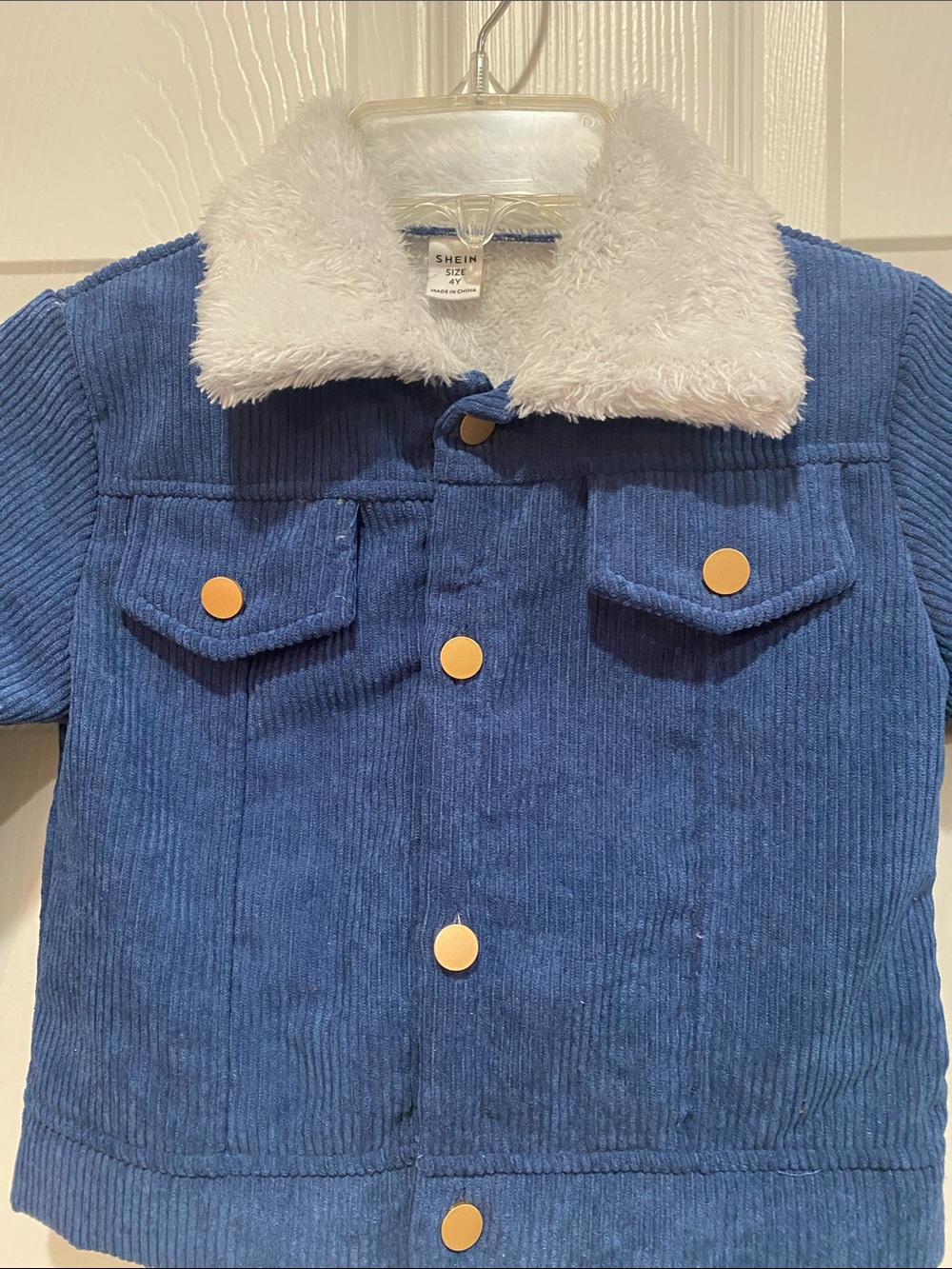 SHEIN Blue Corduroy Jacket with White Faux Fur Collar size 4